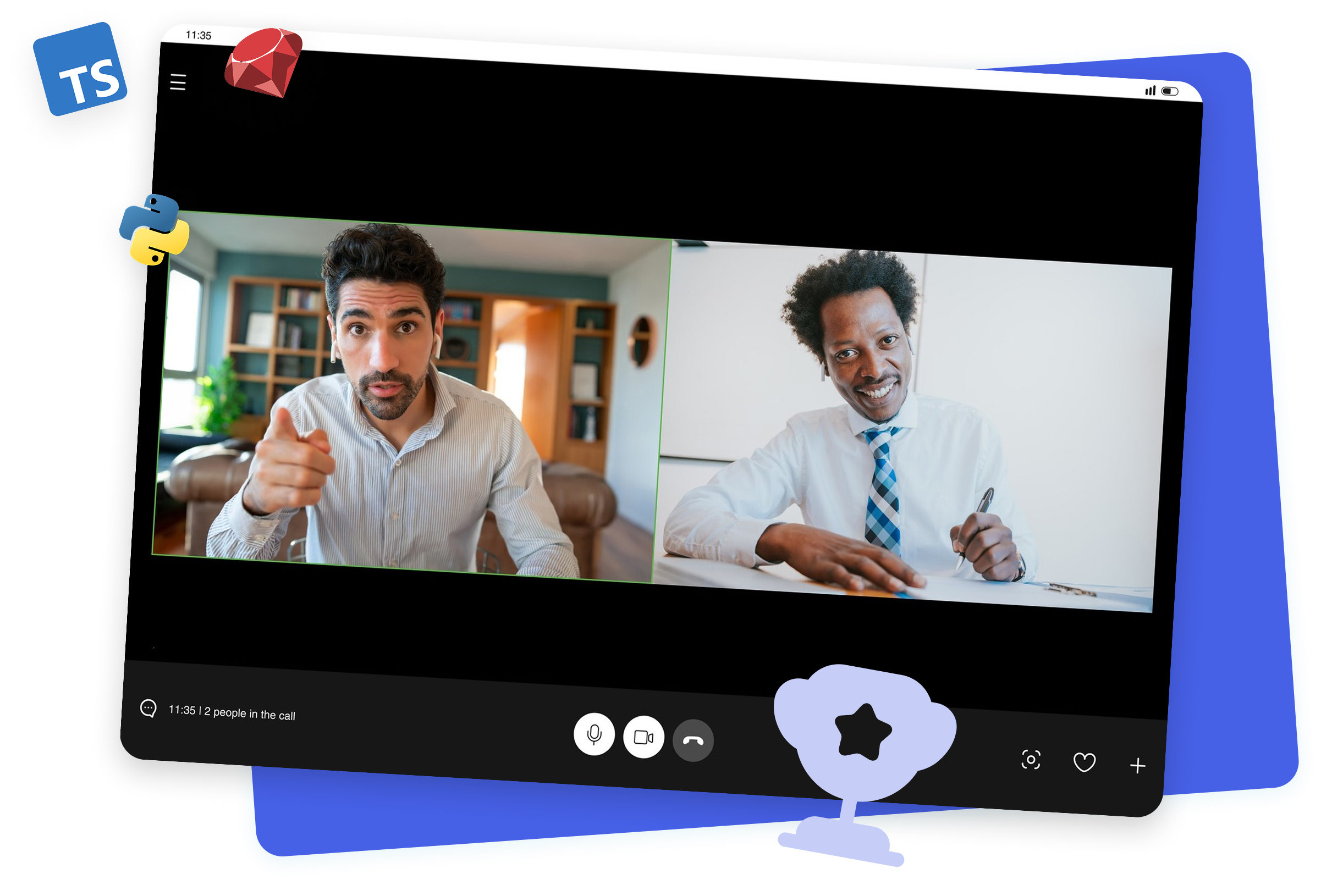 Sesja mentoringowa online — widok video-rozmowy z ikonami technologii