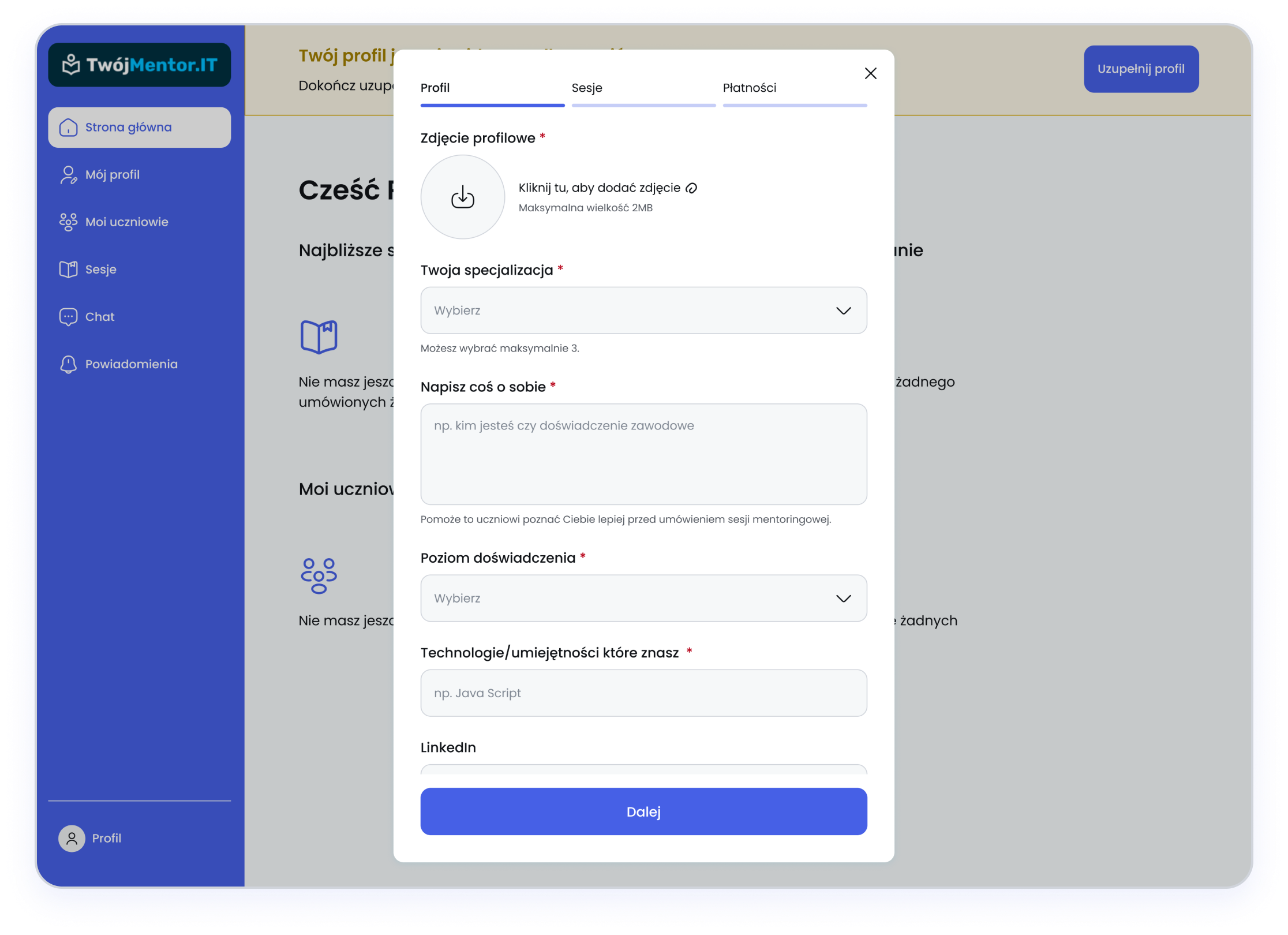 Panel mentora z formularzem ustawień profilu w aplikacji TwójMentor.IT